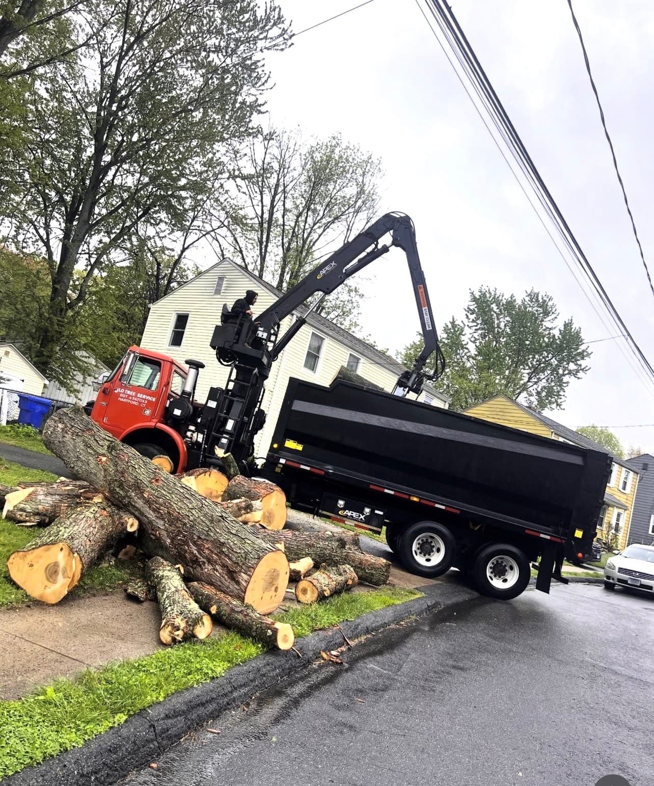 Grapple truck loading cut logs from a pile beside a residential street