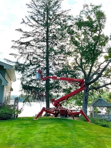 Spider lift working in a waterfront backyard