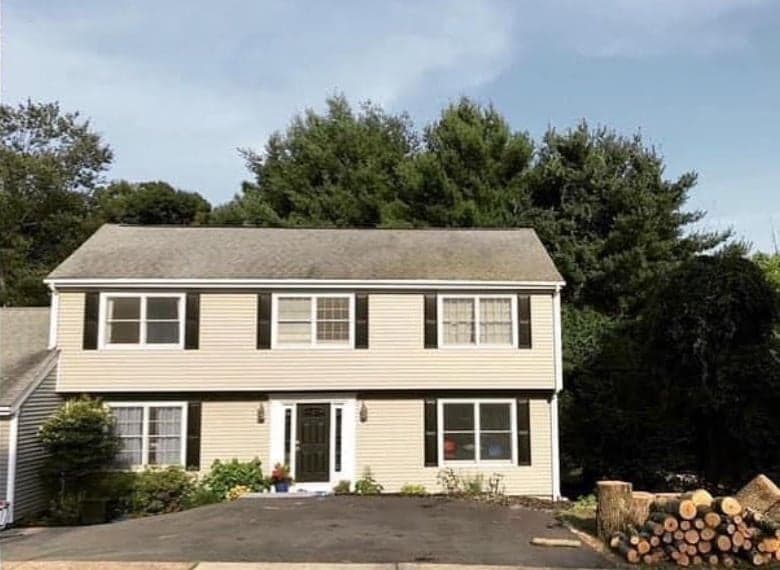 After: the same house with the tree removed and the wood stacked by the driveway